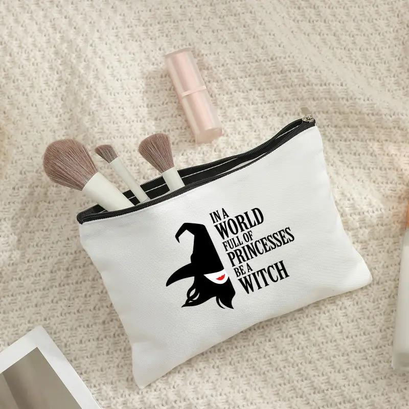 In A World Full of Princesses Be A Witch Canvas Cosmetic Bag Witch Hat Print Zipper Pouch Portable Storage Bag Halloween Gift