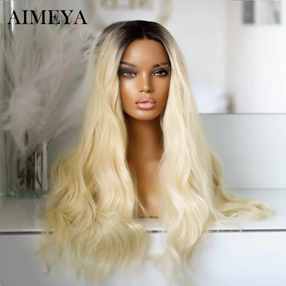 AIMEYA Ombre Lace Front Wig Black/Blonde Synthetic Lace Wigs for Women Natural Wave Synthetic Cosplay Prty Wigs Heat Resistant