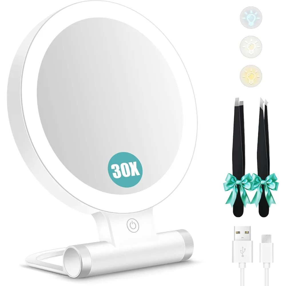 

30x Magnifying Glass with Light, 1x/30x Magnifying Makeup Mirror with Tweezers, Double-sided Makeup Mirror