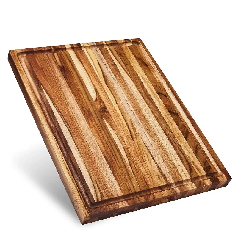 Large Teak Cutting Board with Juice Slot, Reversible Deli Board