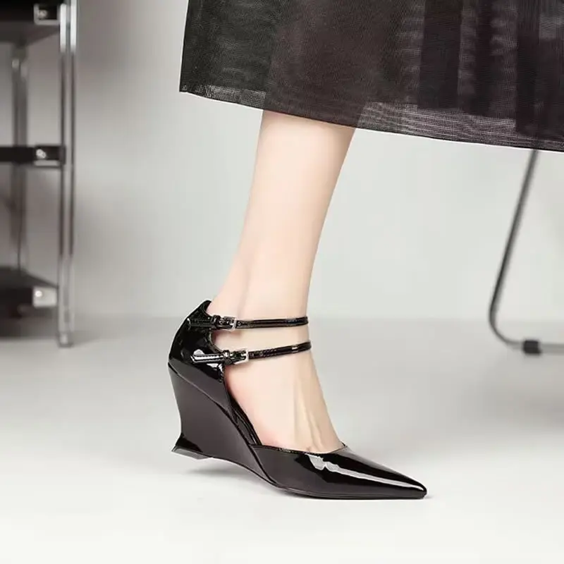 Female Red Pointed Sandals with Wedge Heeled Women's 2024 Summer New Ladies Leather High Heeled Shoes Elegant Shoes for Women