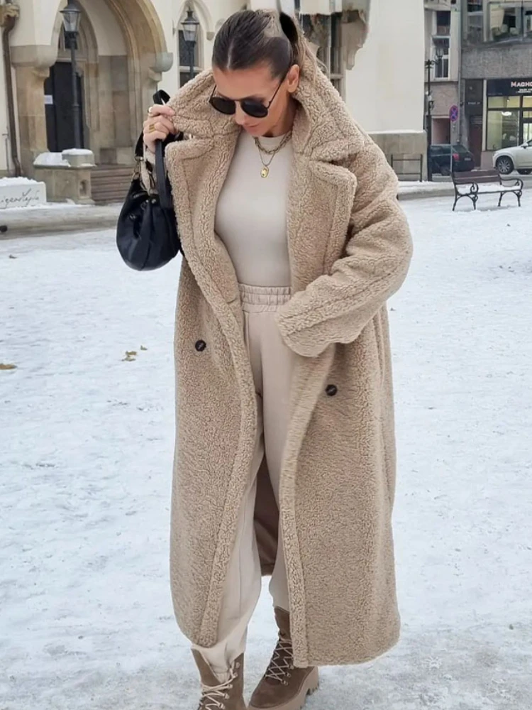 Women Faux Wool Warm Long Coat Solid Long Sleeves Lapel Double Breasted Hidden Pocket Oversize Overcoat Winter New Female Coat