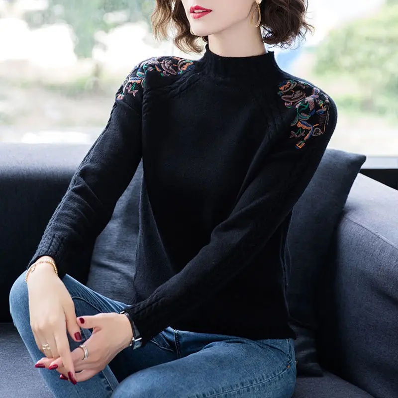 

Spring and Autumn Half Turtle Collar Velvet Thickened Women Outerwear Loose Sweater Embroidered Knitted Bottoming Shirt Top