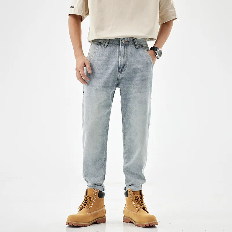 Jean Cargo Bleu Clair Rétro pour Homme, Pantalon en Denim Décontracté à Poches Multiples, Mode de Rue, Hip Hop