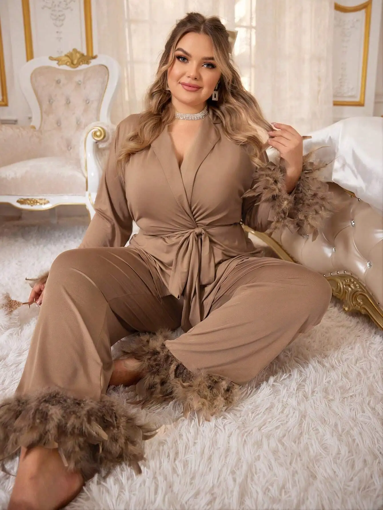 

Plus Size Satin Wrap Top & Wide Leg Pants Pajama Set with Feather Trim