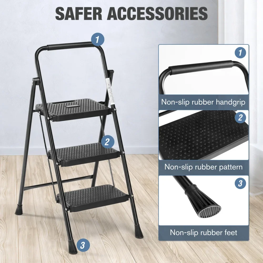 Quick folding steel ladder, portable step tool, 3 non-slip step ladder, suitable for high-altitude home/office work