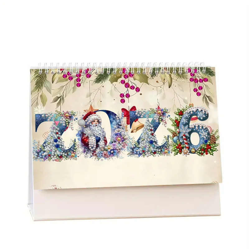 

12 Piece/Set DIY Happy New Year 2026 Diamond Painting Art Thicken Desktop Calendar with Father Chirismas Exquisite Flowers Style