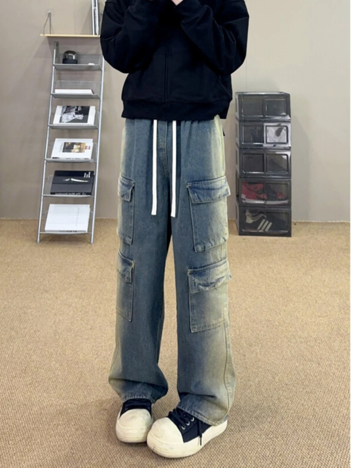 

Light Blue Straight Leg Workwear Jeans Men's Spring Multiple Pockets Wide Leg Pants American High Street Vibe Style Jeans