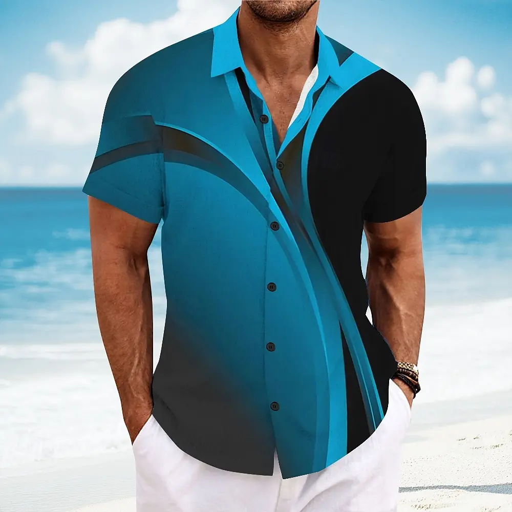 

Men's Business Casual Shirt Short Sleeve Lapel Collar Teal Black Gradient Stripe Print Summer Daily Wear Lightweight Men Tops