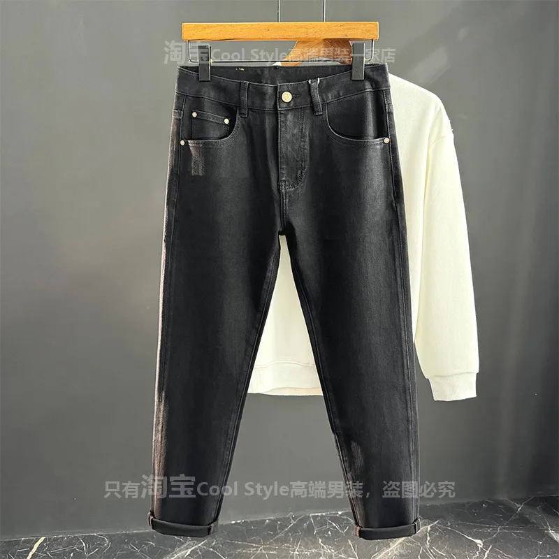 

High end luxury black jeans men's autumn new style slim fit small foot elastic fashionable casual pants