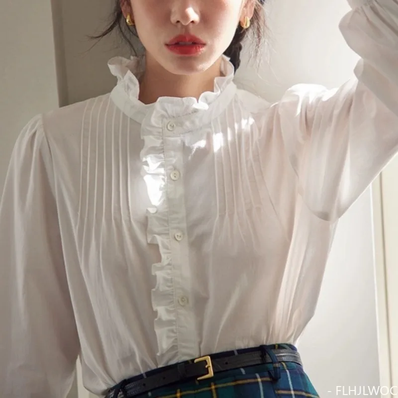 Cotton Chic Korea Cute Blue White Shirt Design Women Japan Girls Sweet Vintage Retro Flare Sleeve Button Ruffles Tops Blouses