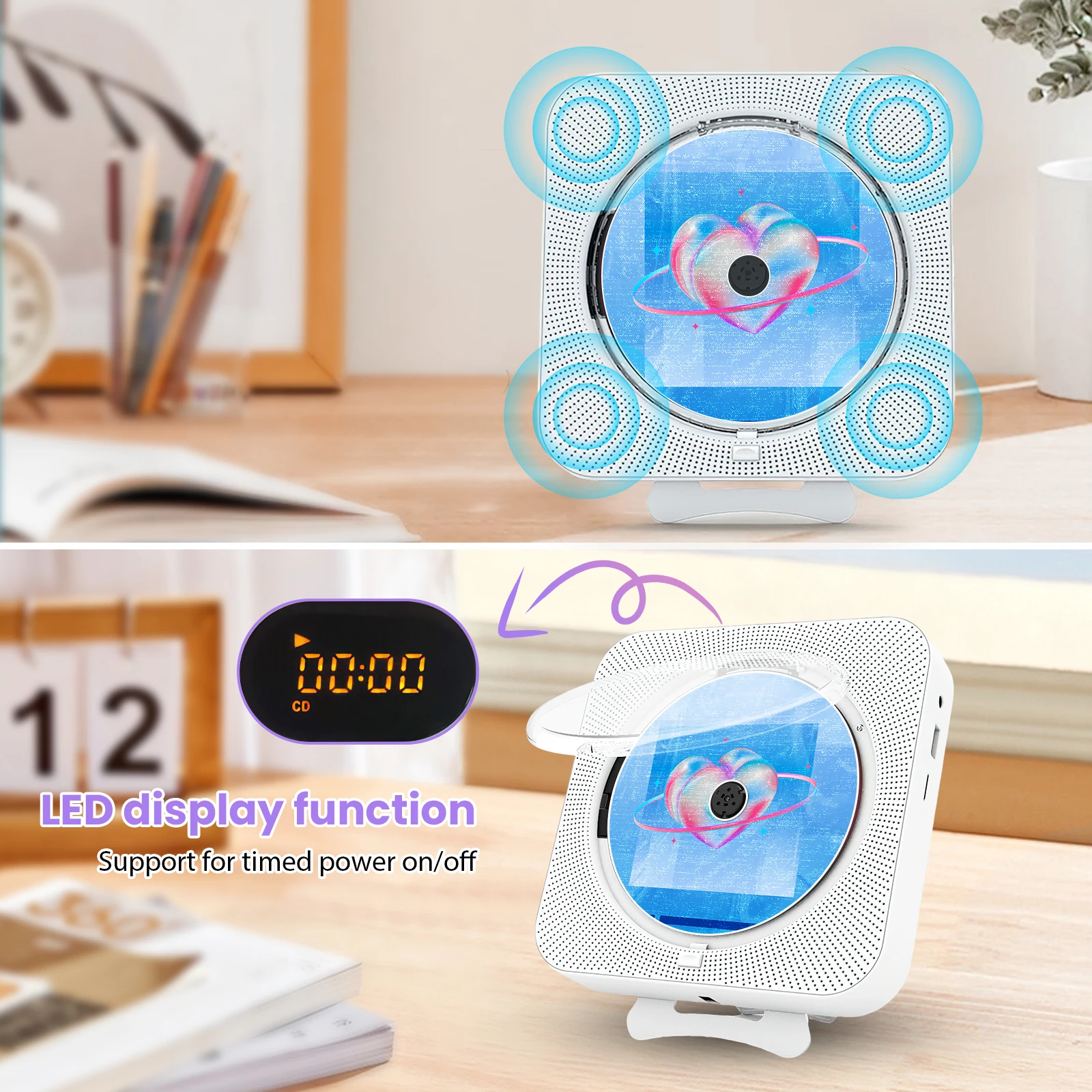Weiß Multifunktional CD-Player Bluetooth 5.0 Wandmontage, FM Radio, LED Display, Lautsprecher integriert, USB TF Karten Leser Tisch- und Wandgerät – Detail 1