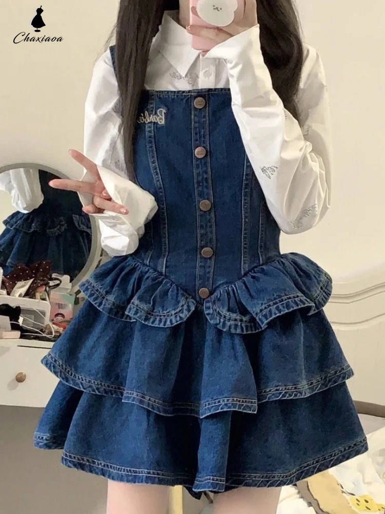 Denim Suspender Dress Spring New Style Women\'s Sweet Y2K Solid Color Shirt Waist Ruffled Skirt Design Short Skirt Suit