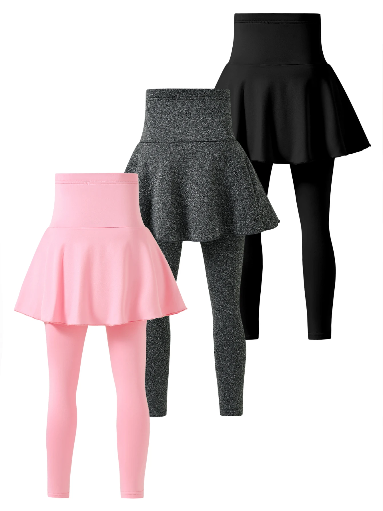 Mädchen, 8-12 Jahre, Herbst-Winter-Mode, Sport-3-teiliges Set, hoch geschnittener, einfarbiger Skort für Laufen, Tennis und Yoga – Detail 2