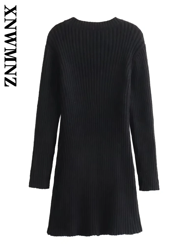 XNWMNZ 2024 Autumn woman\'s Casual Solid Color Knit Dress Mini Skirt Female Vintage O-Collar Long Sleeve Ruffles Regular Fit Top