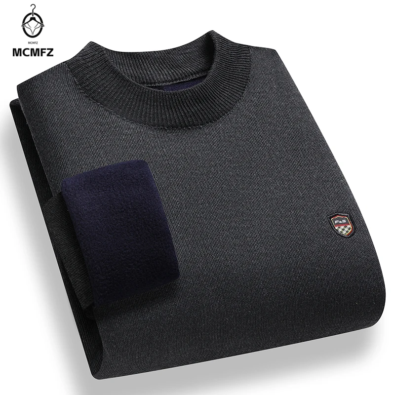 Stretch Mock Neck Male Knitted Pullover Solid Plain Texture Shield Badge Fleece Lined Cold Proof Casual Long Sleeve Top