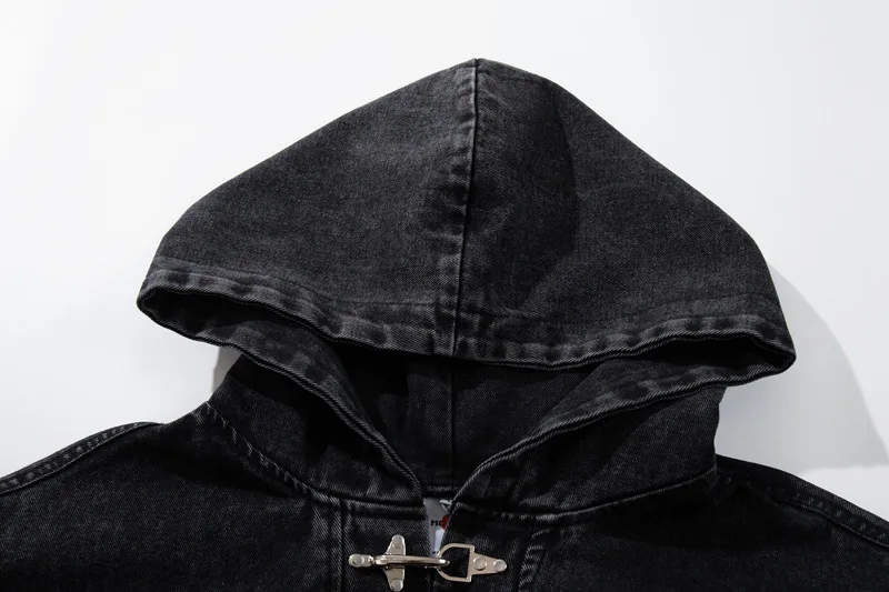 American Retro Half Open Airplane Buckle Hooded Sweatshirt for Men Y2k Korean Fashion High Street Loose Denim Hoodie Pullover