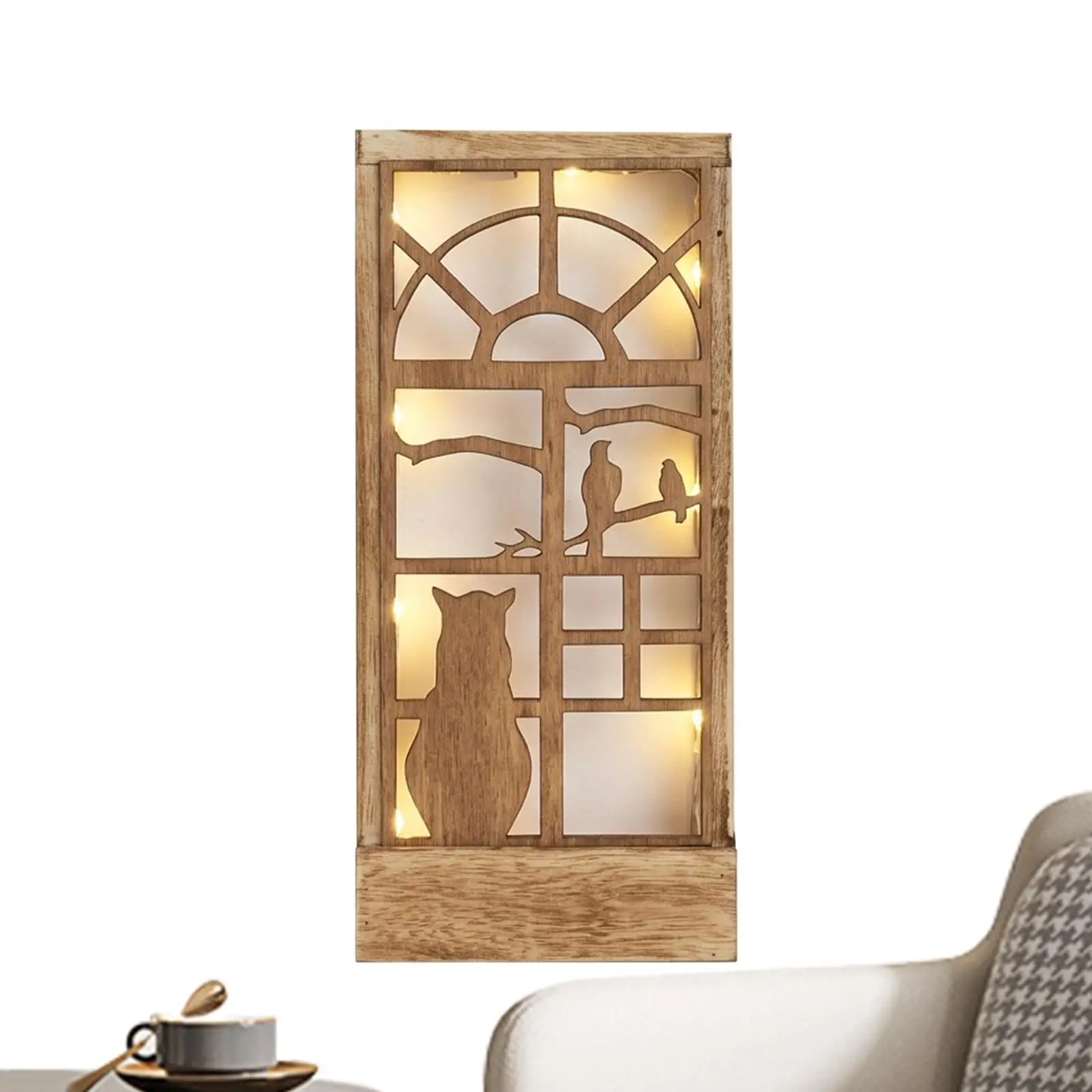 Window Shaped Wooden Lightbox Wall Decoration Window Shape LED Room Decor Wooden Wall Art Cat Bird Window Scenery Hanging Decor