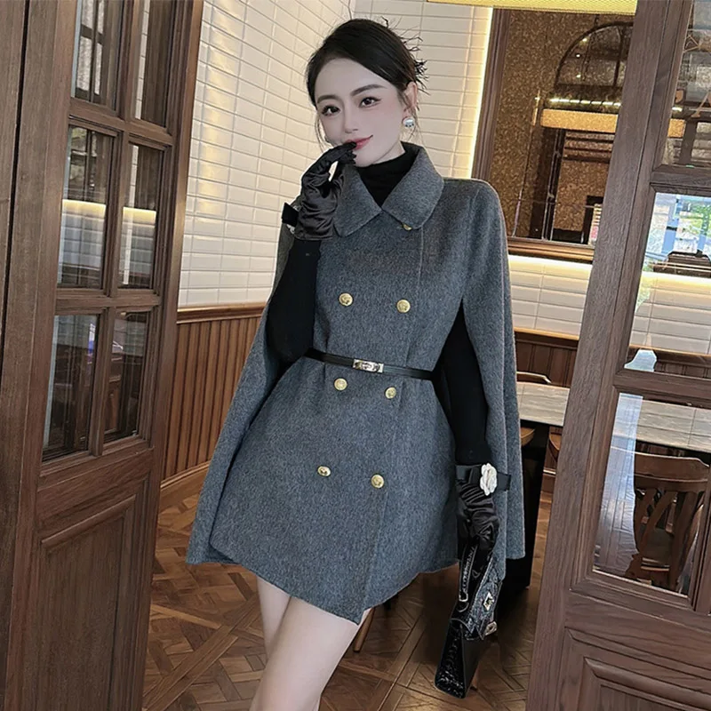 New Cloak Loose Double-sided Wool Coat Women Mid-length Lapel Double-breasted Sleeveless Wool Jacket A-line Tide Autumn Winter