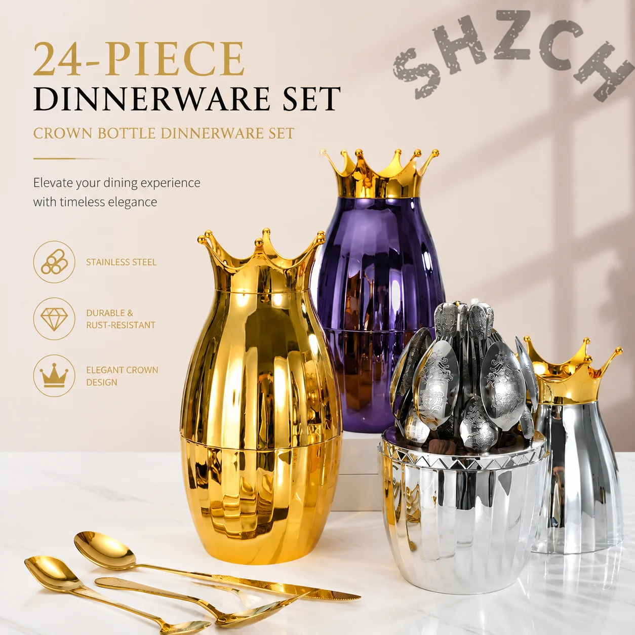 Stainless steel tableware 24-piece set, crown shape design. Tableware gift box light luxury knives, forks and spoons,  gift box