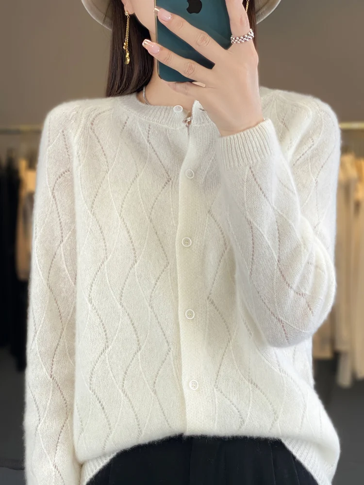 100% Merino Wool Knitwear O-neck Hollow Out Sweater For Women Cardigan Raglan Sleeve Spring Autumn Cashmere Popular Clothes Tops