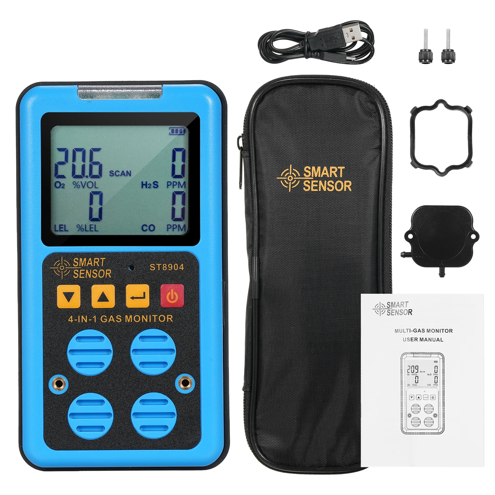 SMART SENSOR Professional Gas Sniffer 4 in 1 Gas Monitor Rechargeable Gas Detector H₂S O₂ CO LEL Multi Gas Monitor With Alarm