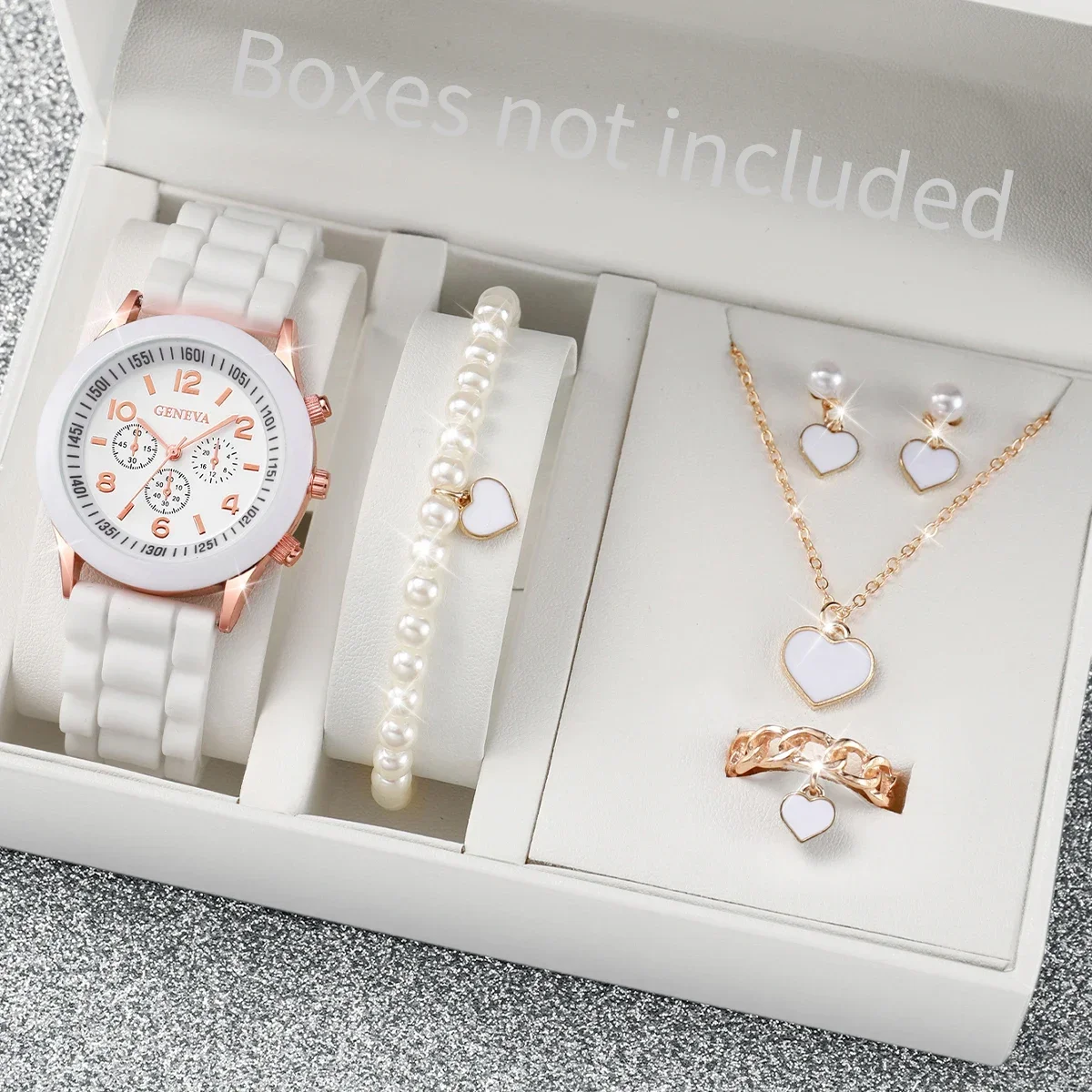 

5PCS/Set Geneva Women Watch Heart Pearls Jewelry Set Casual Silicone Band Female Quartz Wrist Watch（Without Box）