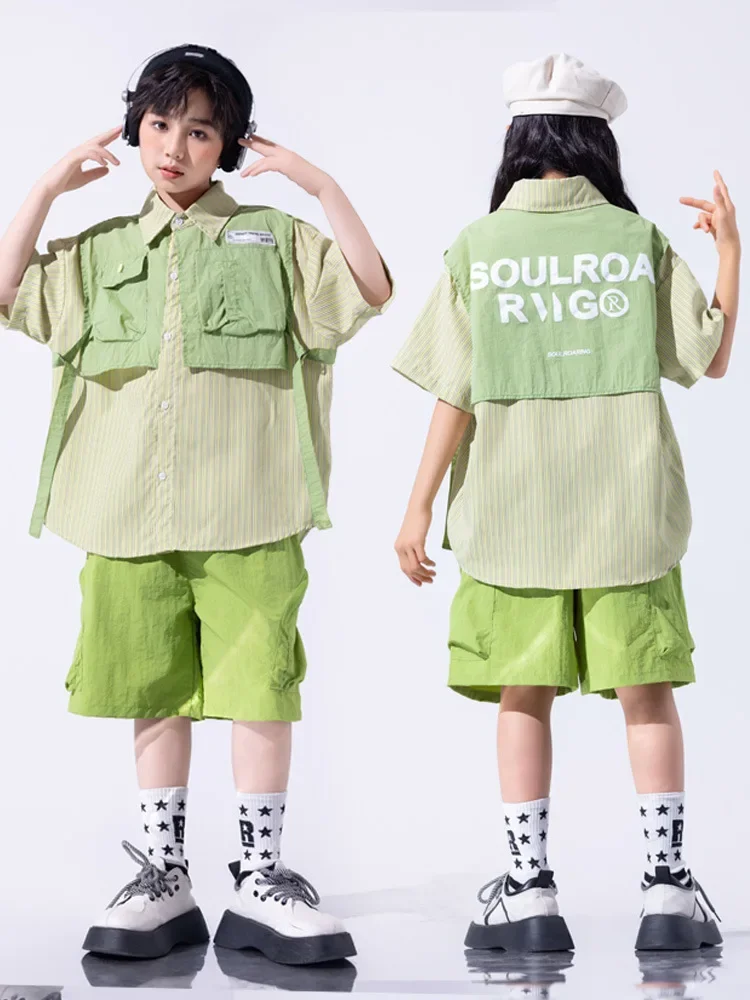 Traje de baile de Jazz para niña, Tops falsos de dos piezas, pantalones cortos verdes, conjuntos de ropa de actuación callejera de Hip Hop para niños