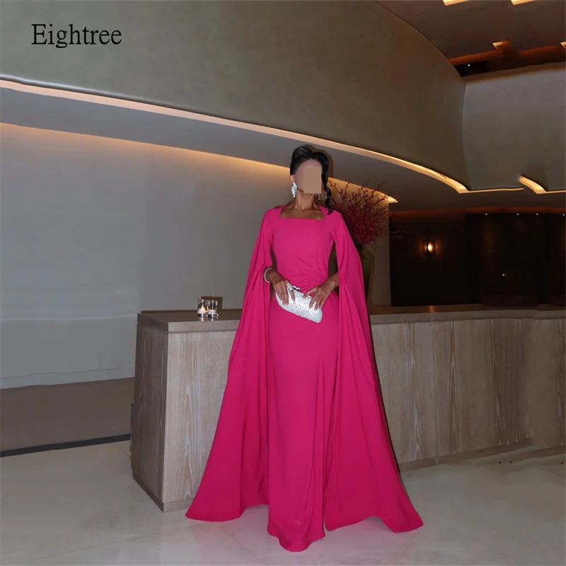 

Eightree Hot Pink Mermaid Evening Dresses Cape sleeves Prom Gown Floor Length Formal Party Gowns vestidos de fiestas