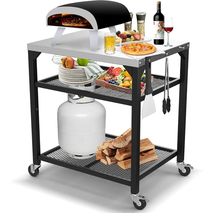 Mesa móvil para horno de Pizza al aire libre para Ooni Ninja Woodfire Blackstone Bighorn Cuisinart modelos carrito de preparación de alimentos ajustable con Sto