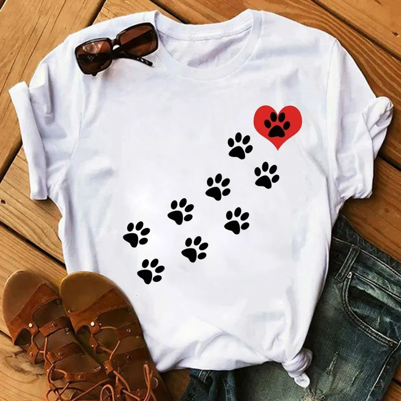 

Women's White Crew Neck Casual T-shirt Korean Version of The Trend Animal Paw Print Short-sleeved T-shirt Student White Collar