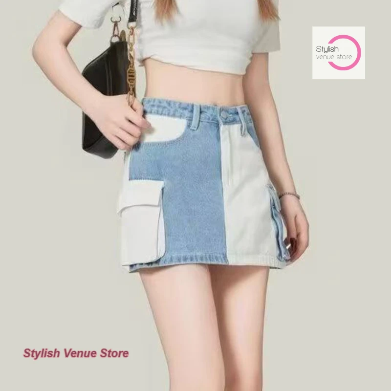 American vintage embroidery design denim skirt female summer fashion high waist spice girl A-word anti-exposure hip shorts skirt