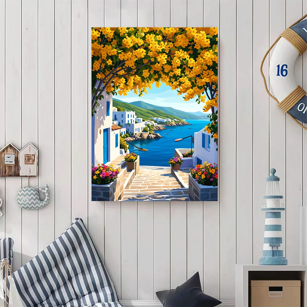 1PC-Canvas poster Unframed  Mediterranean Village Sea View Floral Archway Art Print  summer