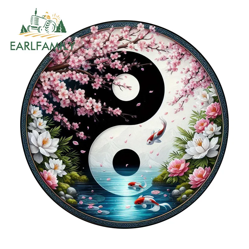 EARLFAMILY Yinyang Cherry Blossom Car Sticker Creative Campervan Surfboard Water Bottle Vinyl Decal Waterproof Car Accessories