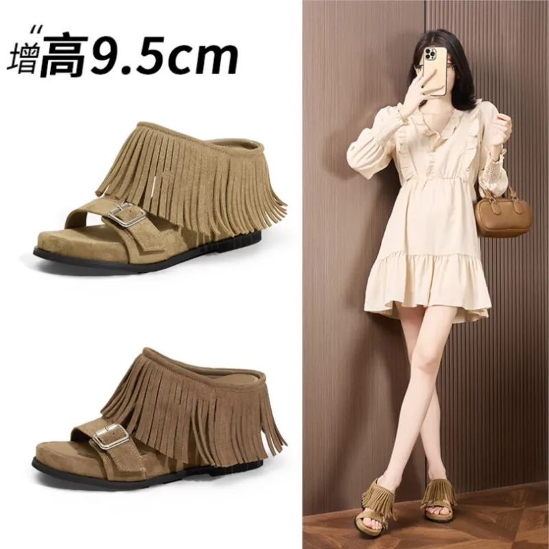 2026 9.5cm Synthetic Microfiber Leather Peep Toe Flip-Flops Chunky Heels Sandals Pumps Platform Wedge Fashion Ankle Booties
