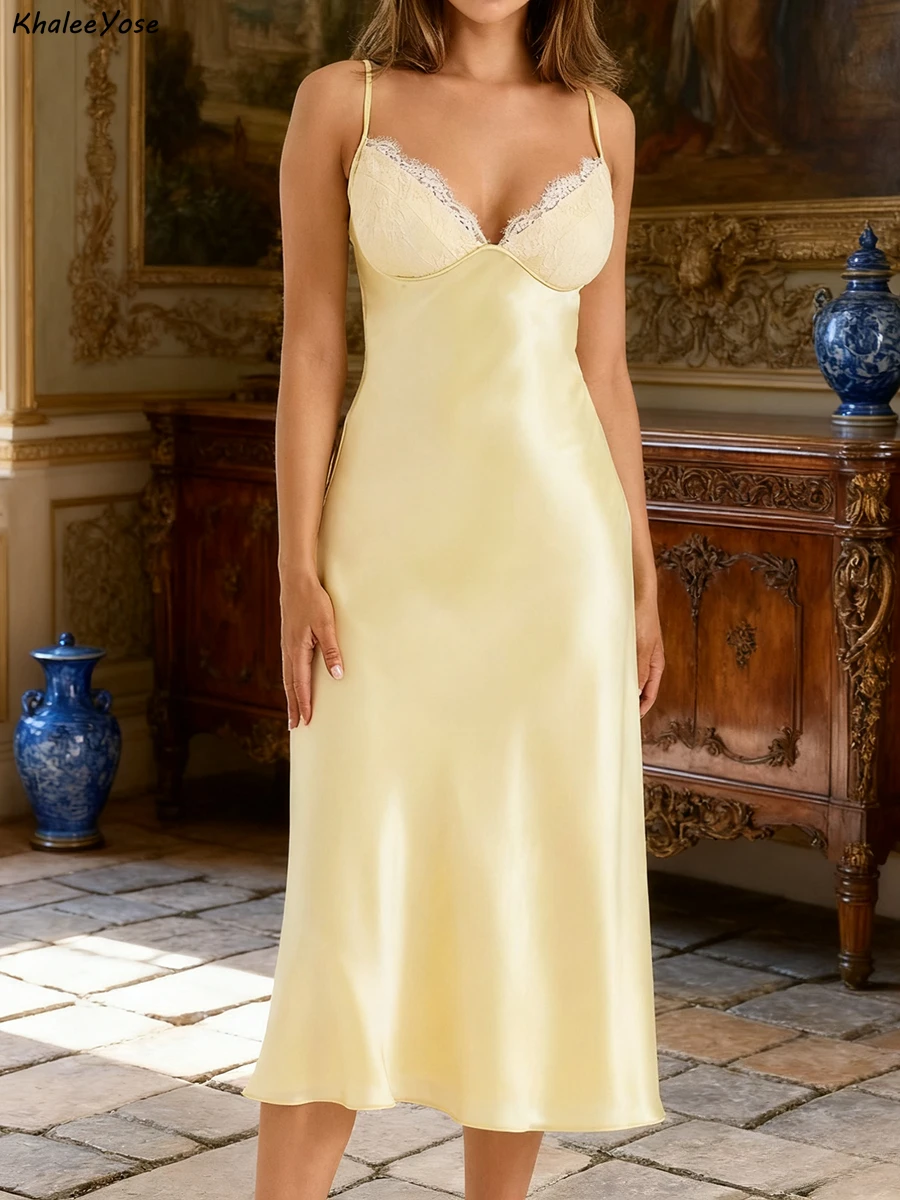 Abito lungo da donna elegante stile francese con spaghetti Abito estivo in raso di pizzo giallo con scollo a V Abiti maxi casual da donna sexy Nuovo