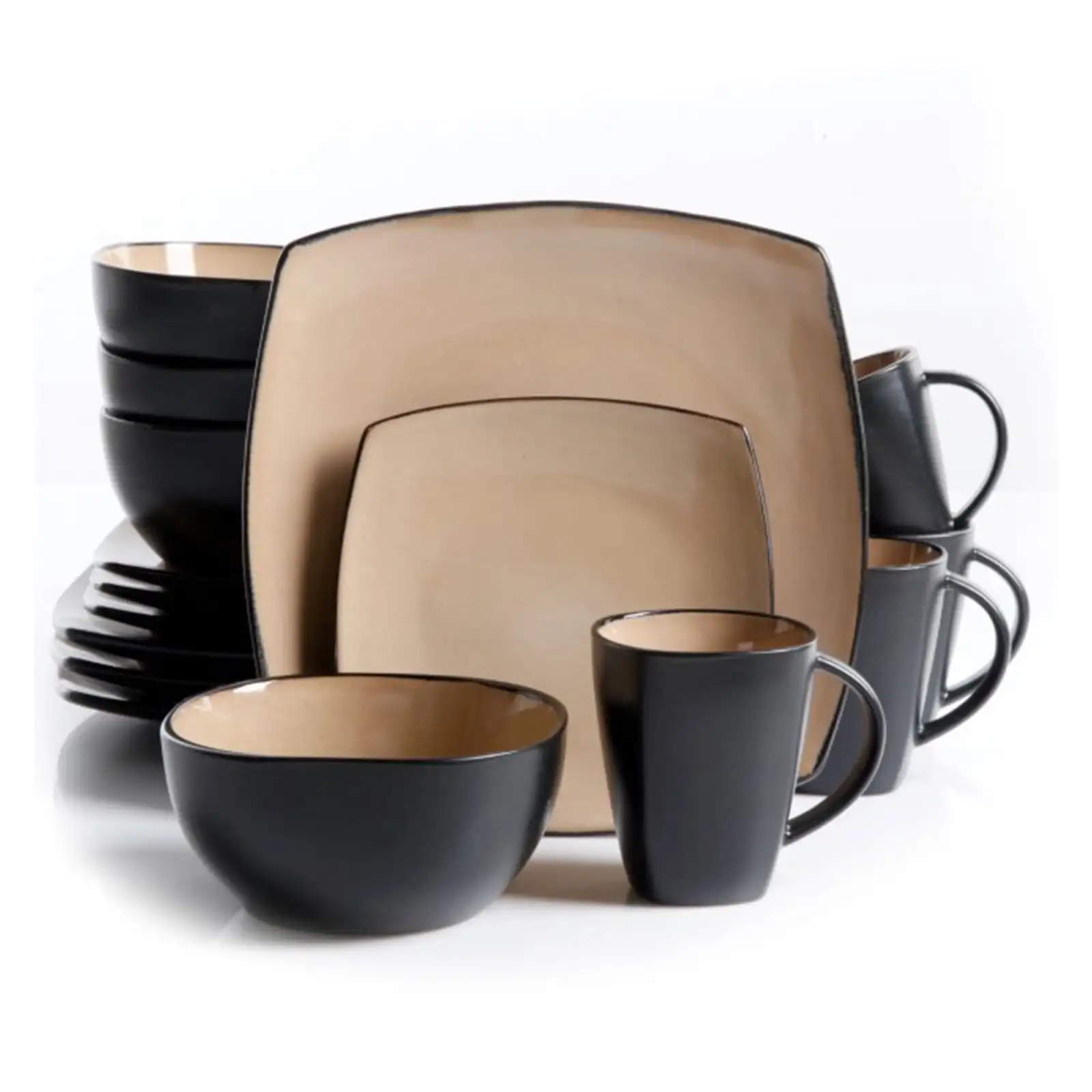 

US Gibson Home Soho Lounge 16 Piece Square Stoneware Dinnerware Set, Black and TaupeGibson Home Soho