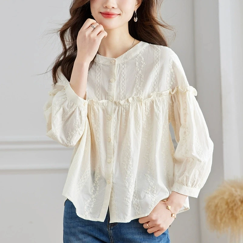 

Autumn 2024 Pure Cotton Embroidered irt Women's Long Sve Lantern Sve round Ne Ladylike Sle Commute Faion Loose Fit