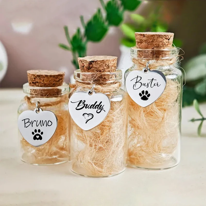 

Стеклянная бутылка с гравировкой текста и изображения по индивидуальному заказу для хранения шерсти домашних животных, зубов, сувениров из шерсти домашних животных, пробковая стеклянная бутылка в подарок