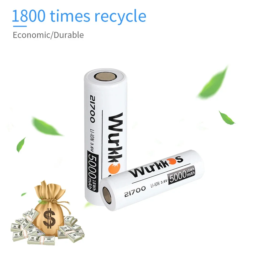 Wurkkos 3.7V 21700 Battery 5000mAh Rechargeable Power Batteries 3C Discharge 21700 HD Cell Lithium Battery Put in Flashlight