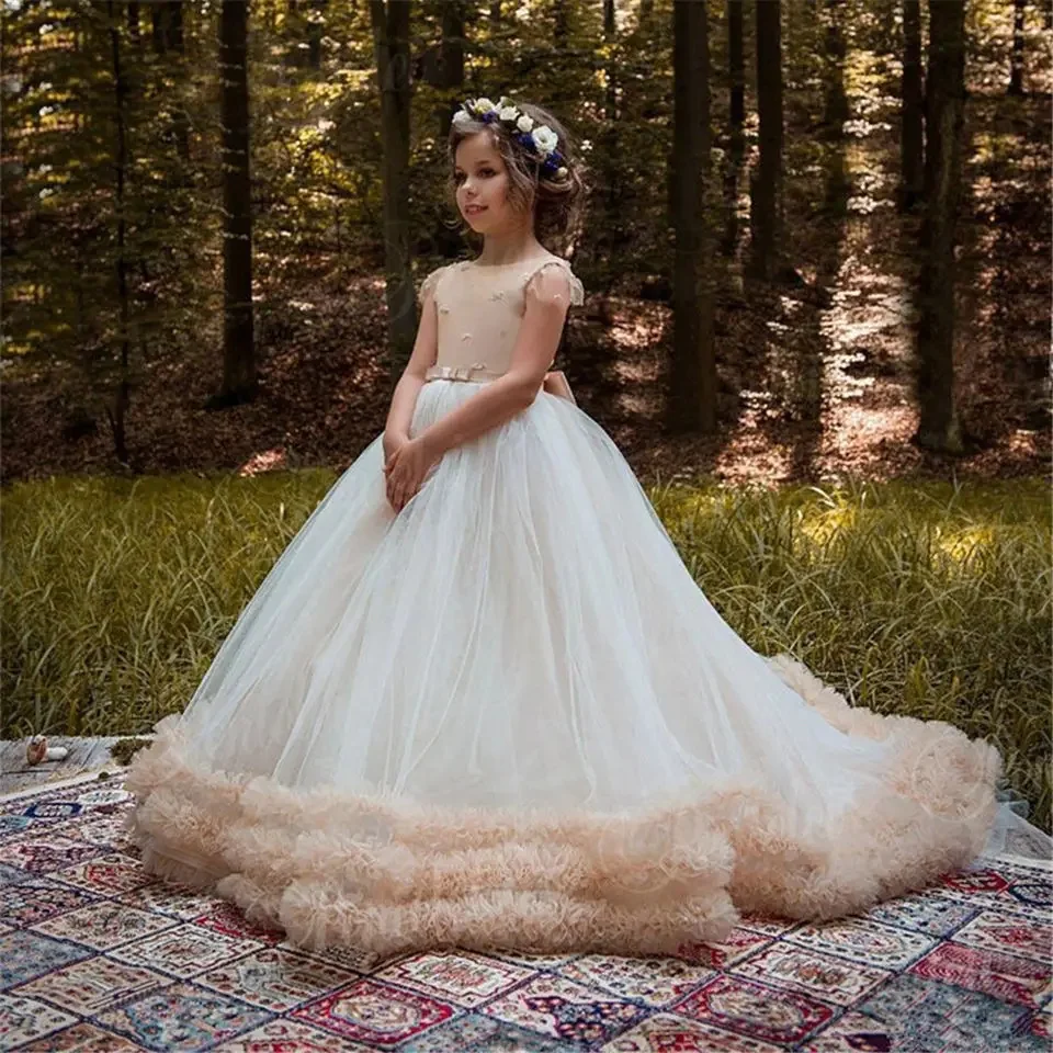 Elegante vestido de tul hinchado para niña de flores, apliques de boda, manga de casquillo con lazo, vestidos de fiesta de cumpleaños de primer eucarista para niños