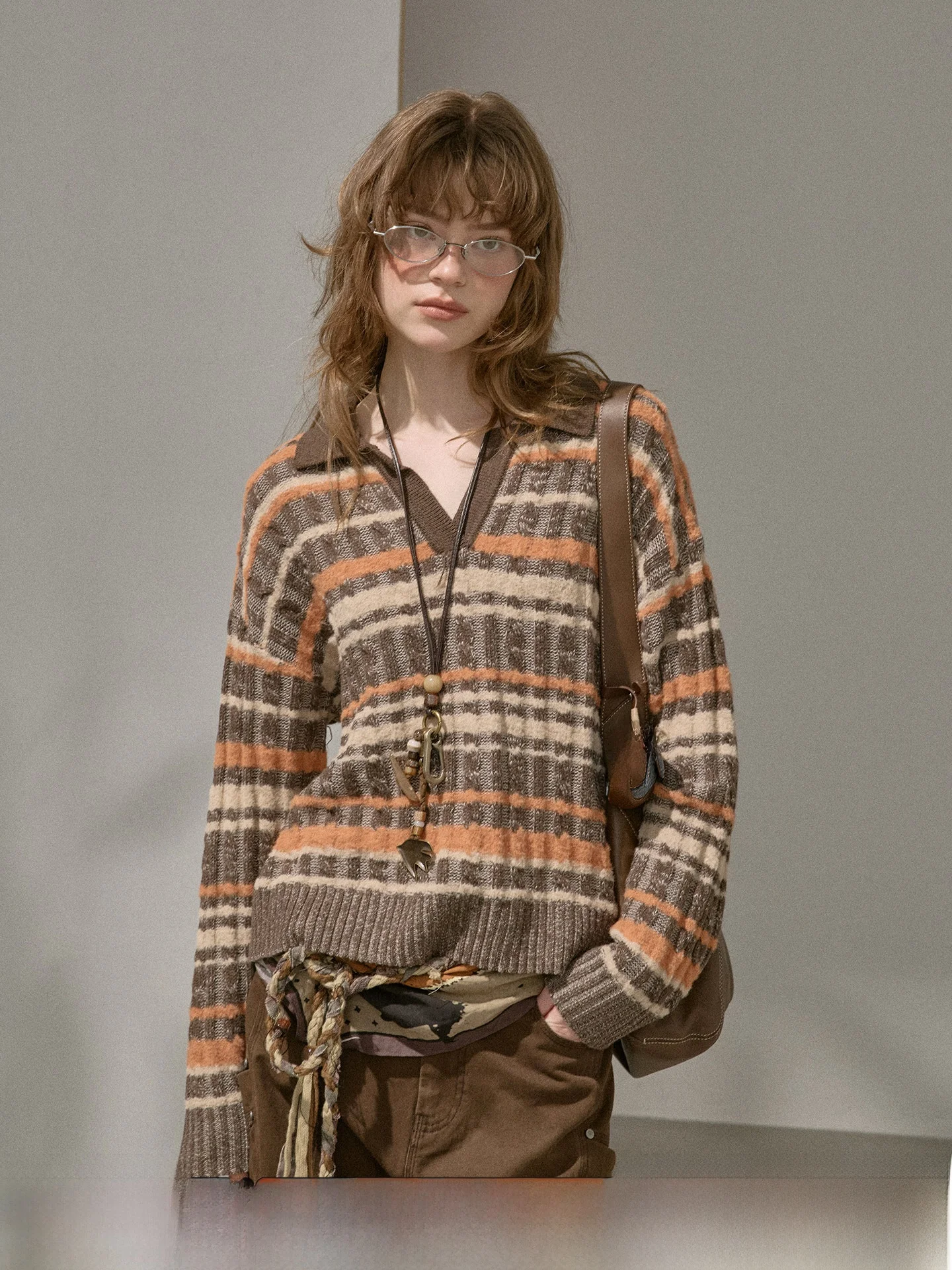 

DIDDI MODA Women's Knitted V-Ne Sweater Loose Fit Long Sve Warm Fce Stripe Color Blo Overhead Top Winter Outerwear