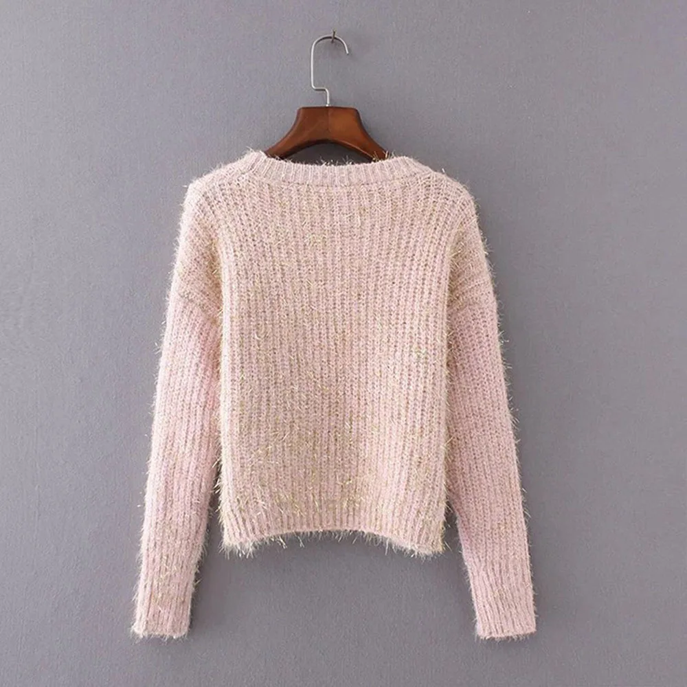 Autumn Winter Fashion Bright Beading Sweaters Women\'s Clothing Sweet O-Neck Solid Loose Knitted Tops Casual Korean Pullovers