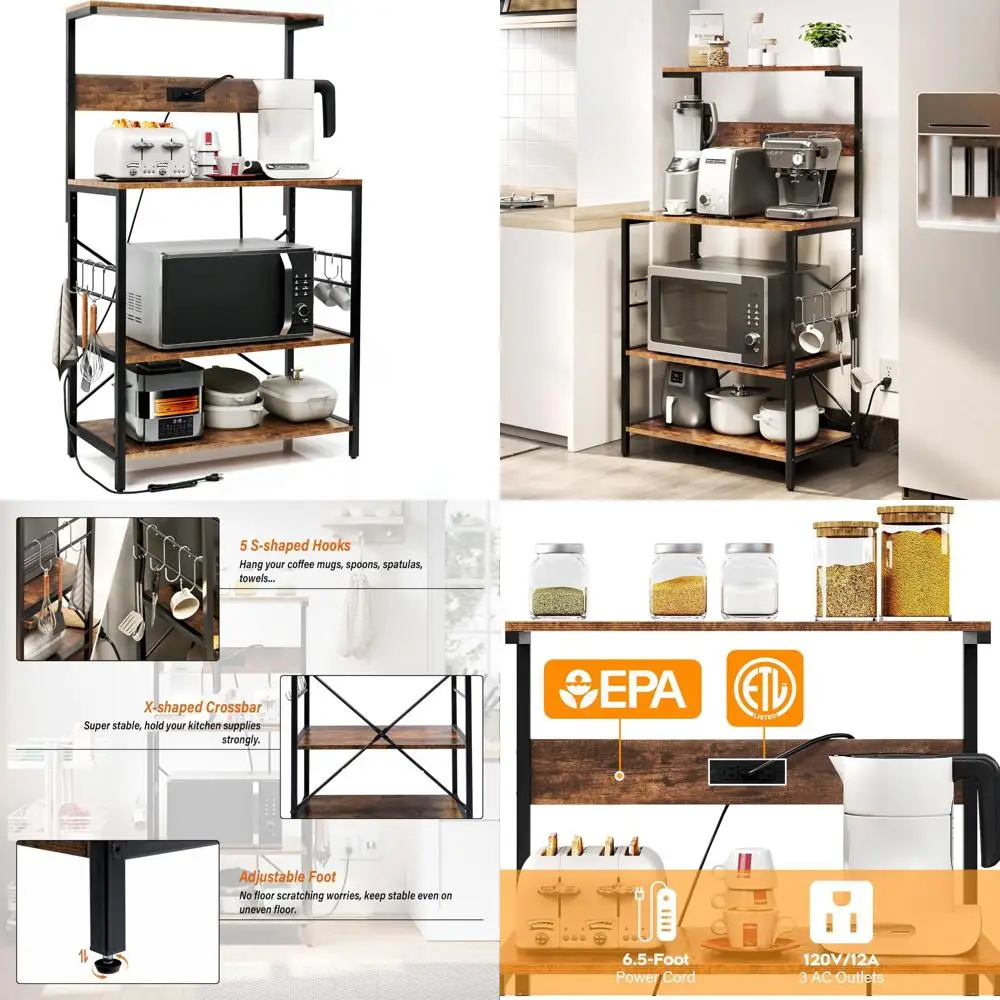 

3-х уровневая кухонная полка для хранения с розеткой и 5 крючками — подставка для микроволновой печи и универсальная кофейная станция