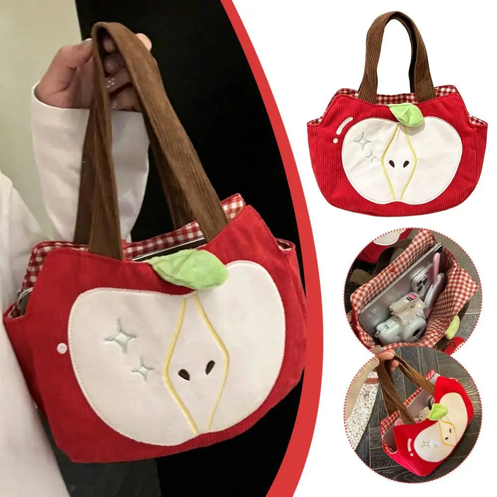 Cute Red Apple Corduroy Handbag Creative Women Shoulder Bag Casual Autumn Winter Tote Bag Novelty Christmas New Year Gift