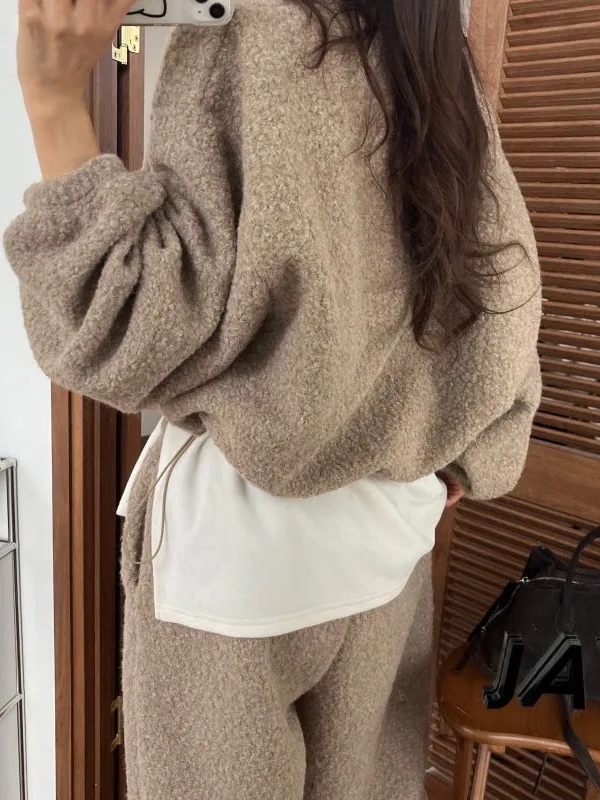 Warm Fleece Hoodie Drawstring Elastic Waist Casual Pants Set Korean Style Anti-freeze Sheep Farm Wool Half Zip Winter Outfit