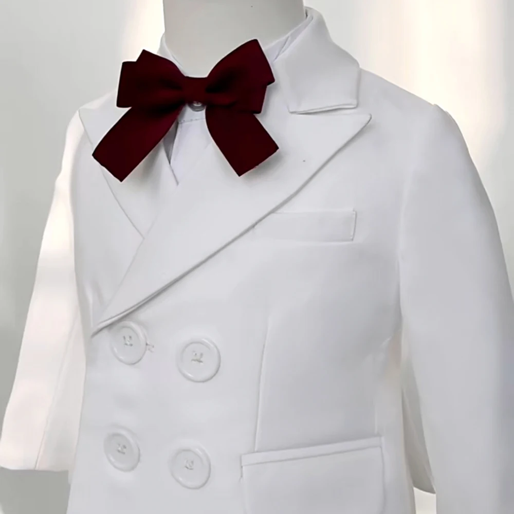 White Suit For Baby Boy 9 Month-4 Year Kids Boys Blazer Pants With Straps 3 PCS Clothes Set Baptism Wedding Elegant Party Dress