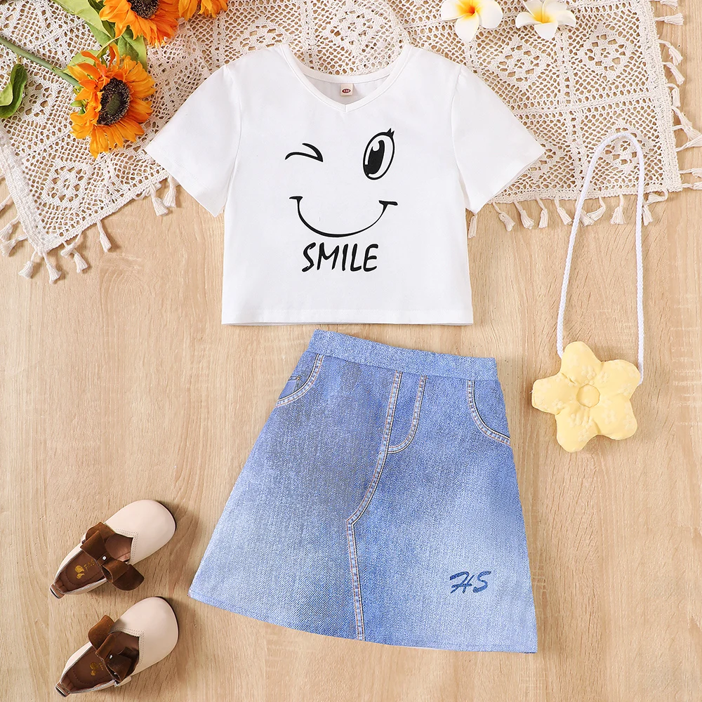 Girl's Spring/Summer New Cartoon Smile Short sleeved T-shirt Imitation Cowboy Skirt Half body Skirt Two piece Casual Set