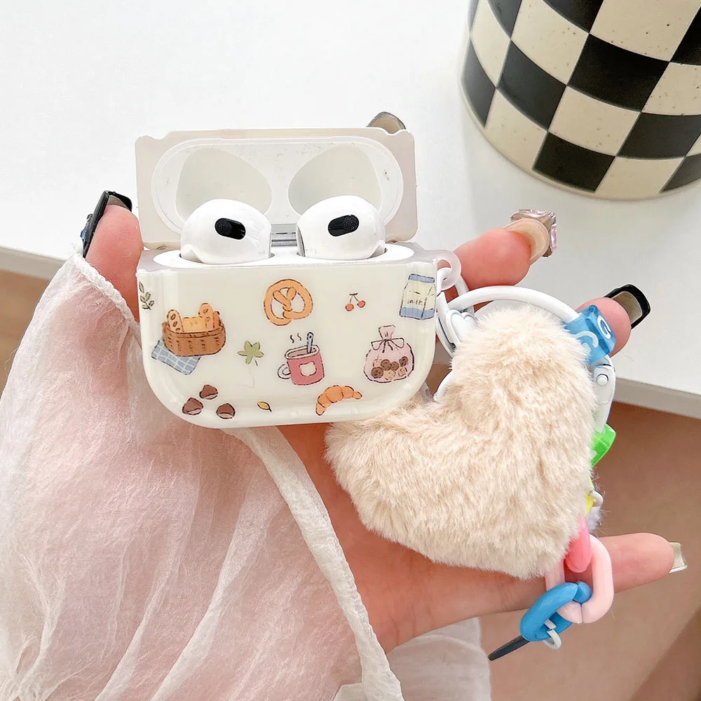 INS Bread Bear Graffiti Shockproof Cover For Apple Airpods 1 2 3 Pro 2nd Earphone Charging Box Case Plush Heart Pendant Ring