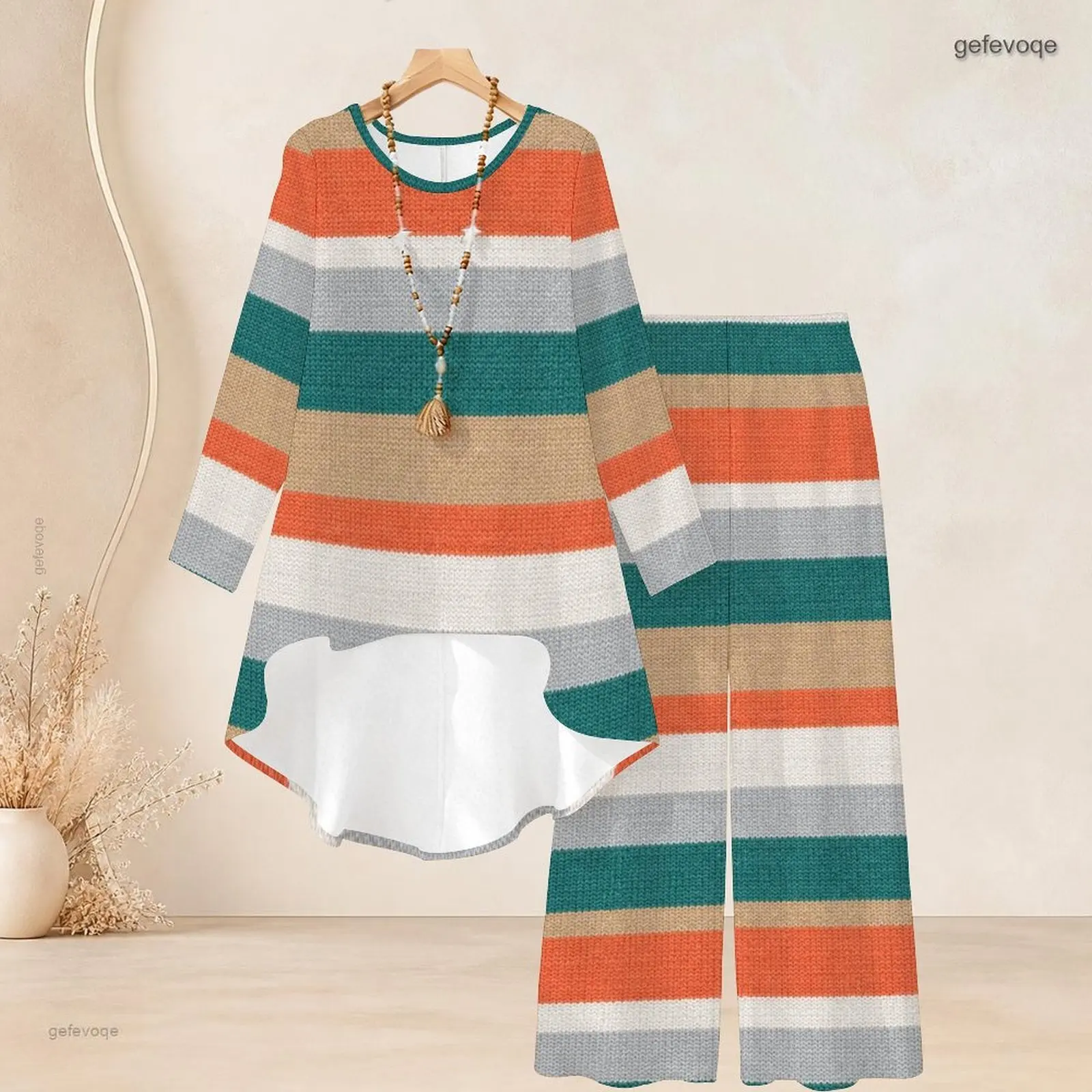 Women Striped Printed Round Neck Long Sleeve High Low Top and Wide Leg Pants Two Piece Set